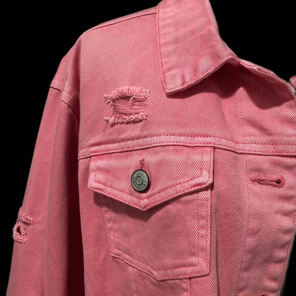 NWT White Birch Black Label Pink Distressed 100% Cotton Oversized Denim Jacket M - Picture 5 of 13